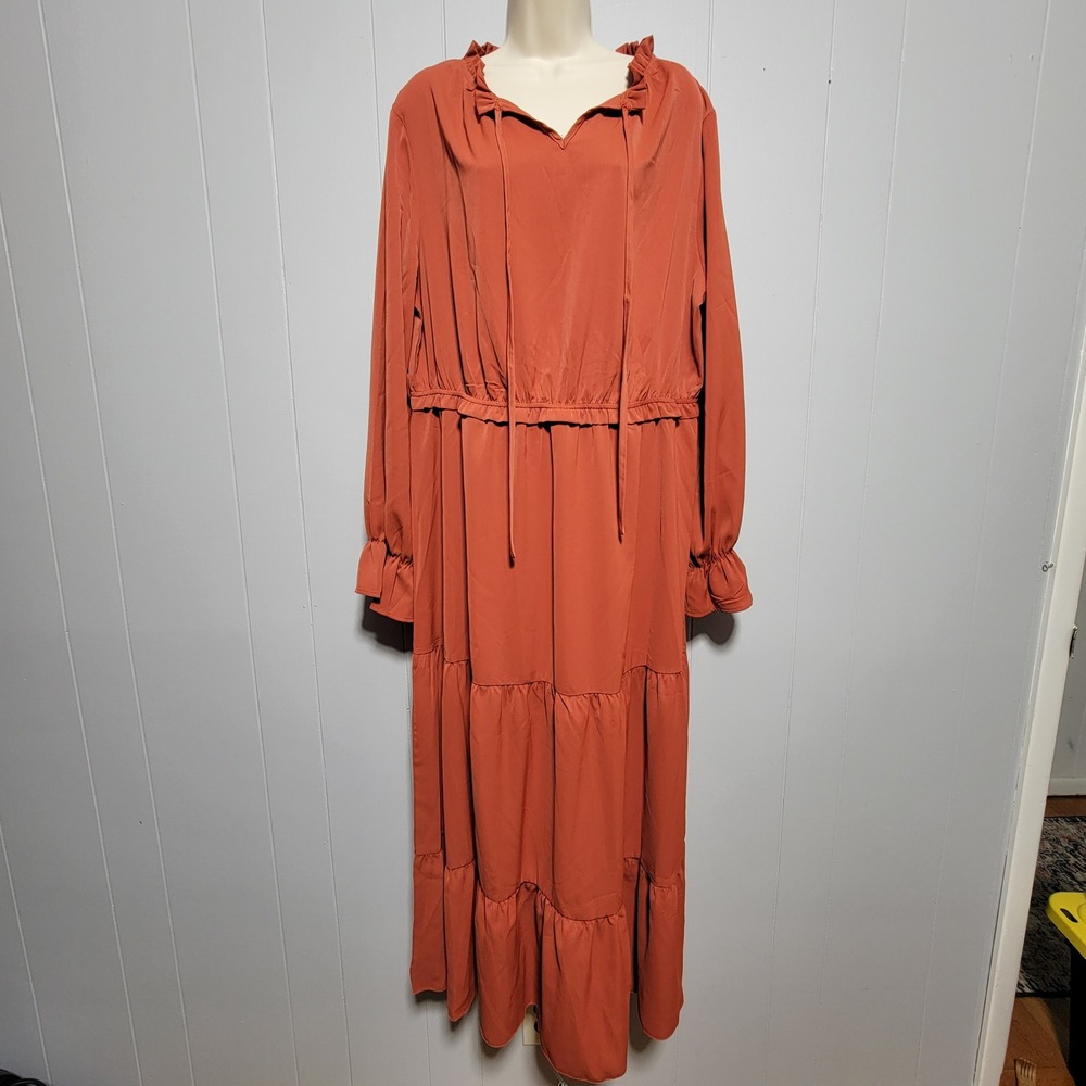 Kirundo Womens Rust Orange Tiered Maxi Dress Long Sleeve Ruffle Neck XL NWT